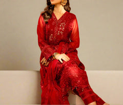WINE SCARLET– Embroidered Chiffon Unstitched 3Pc Suit.