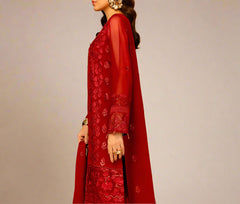 WINE SCARLET– Embroidered Chiffon Unstitched 3Pc Suit.