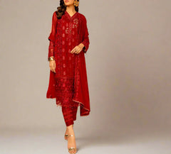 WINE SCARLET– Embroidered Chiffon Unstitched 3Pc Suit.