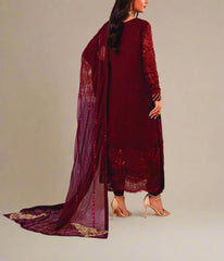 DEEP CLARET– Embroidered Chiffon Unstitched 3Pc Suit.