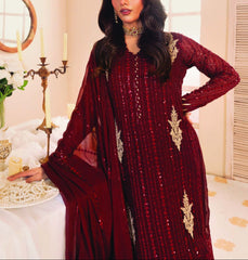 DEEP CLARET– Embroidered Chiffon Unstitched 3Pc Suit.