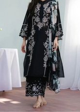 Grace W740-Embroidered 3pc Marina Dress With Printed Shawl.