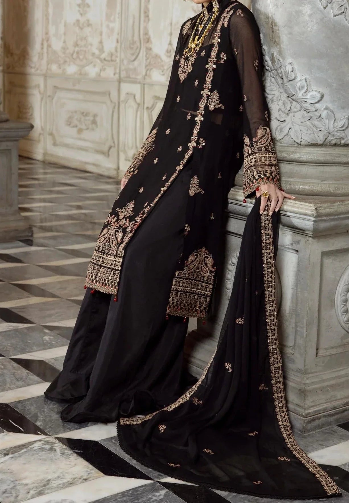 Rich Black- embroidered chiffon unstitched 3Pc Suit