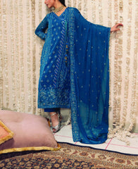 BLUE NOVA– Embroidered Chiffon Unstitched 3Pc Suit.