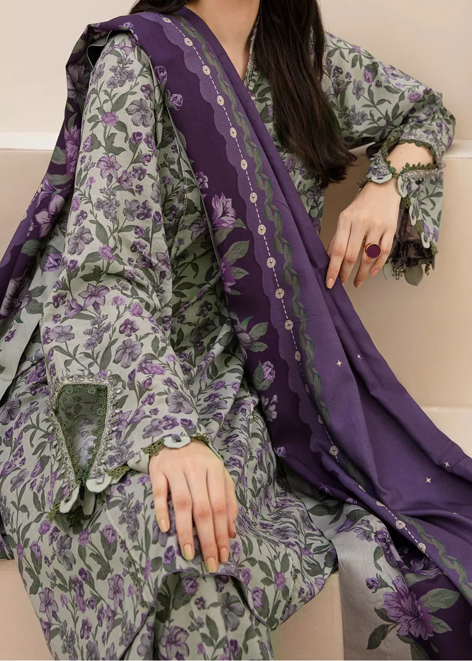 Grace W816 - Digital Printed 3pc Karandi Dress With Digital Printed Karandi Shawl.