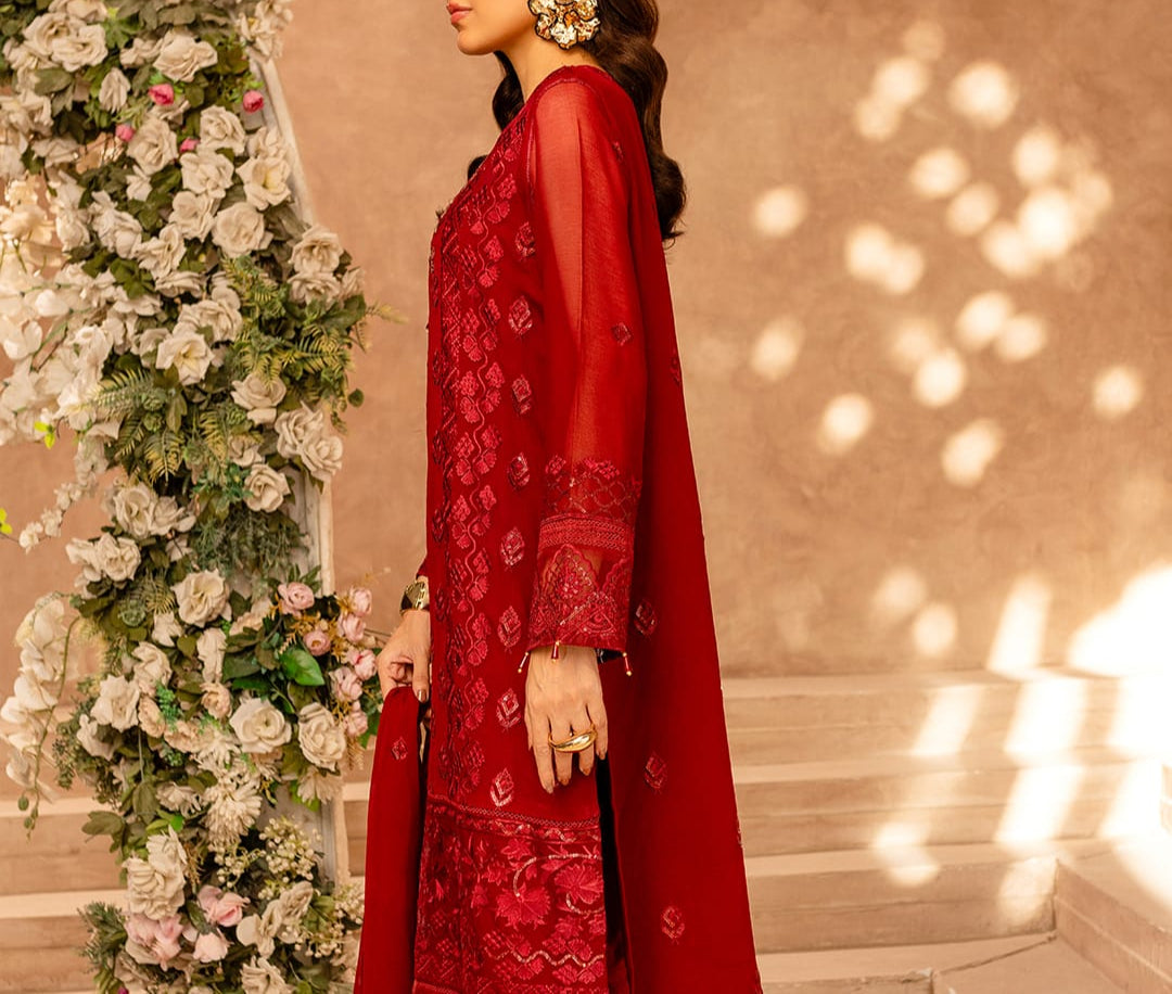 WINE SCARLET– Embroidered Chiffon Unstitched 3Pc Suit.