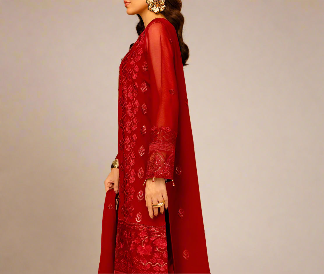 Grace Z-(WINE SCARLET) -Stitched Embroidered chiffon 3Pc Suit