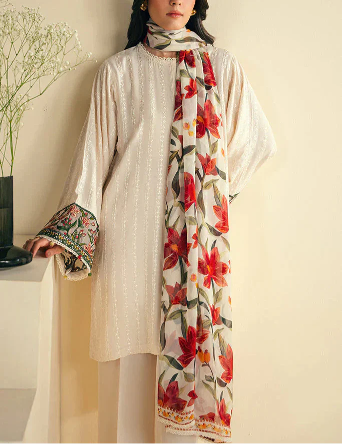 Grace Z93- Stitched Embroidered 3pc Lawn Dress With Printed Munar Dupatta.
