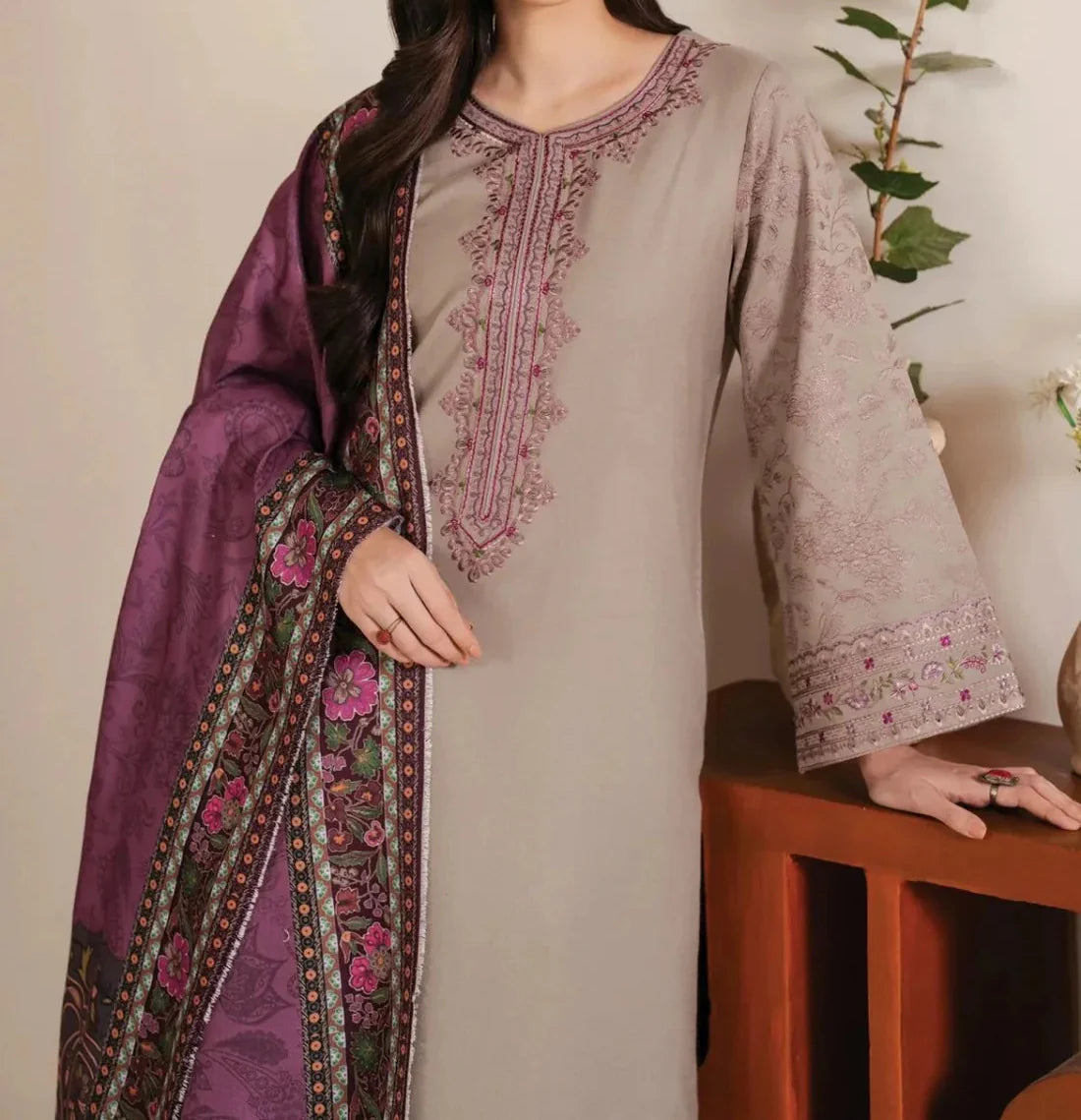 Grace W755 - Embroidered 3pc Marina Dress With Printed Shawl.