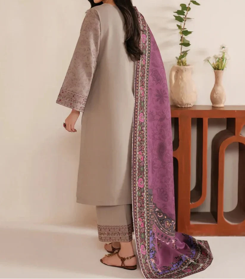 Grace Z-(W755 ) - Stitched Embroidered 3pc Marina Dress With Printed Shawl.