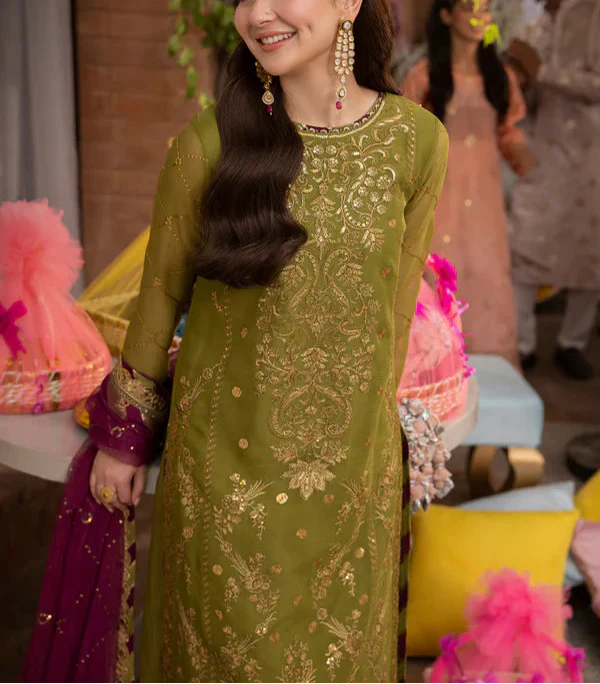 Grace Z-(W630)- Stitched Embroidered 3pc Linen Dress with Embroidered Chiffon Dupatta.
