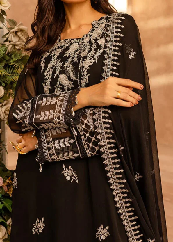 PITCH BLACK– Embroidered Chiffon Unstitched 3Pc Suit.