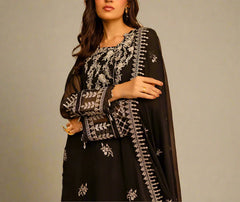 PITCH BLACK– Embroidered Chiffon Unstitched 3Pc Suit.