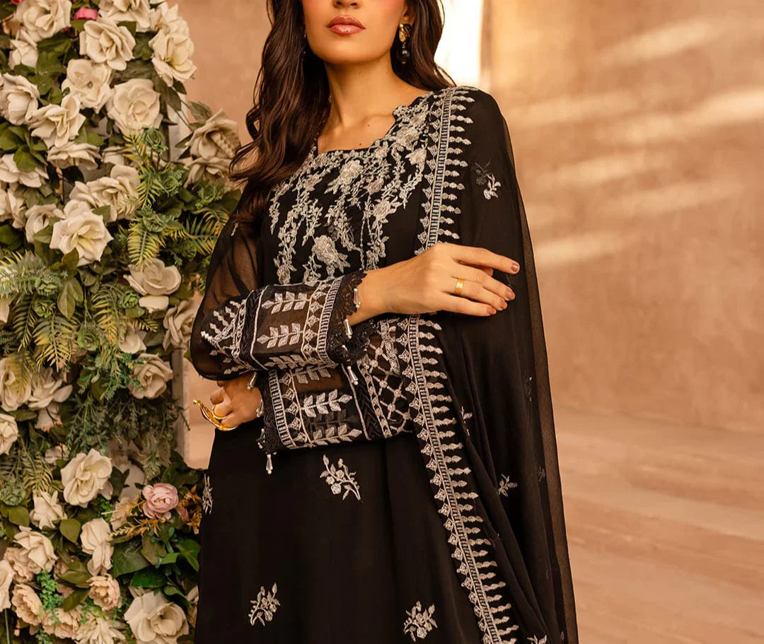 Grace Z-(PITCH BLACK) -Stitched Embroidered chiffon 3Pc Suit