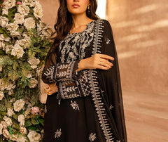 Grace Z-(PITCH BLACK) -Stitched Embroidered chiffon 3Pc Suit