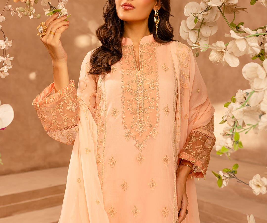 PEACH DELIGHT– Embroidered Chiffon Unstitched 3Pc Suit.