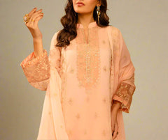 PEACH DELIGHT– Embroidered Chiffon Unstitched 3Pc Suit.