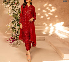 WINE SCARLET– Embroidered Chiffon Unstitched 3Pc Suit.
