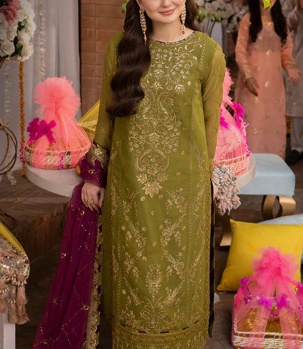 Grace Z-(W630)- Stitched Embroidered 3pc Linen Dress with Embroidered Chiffon Dupatta.