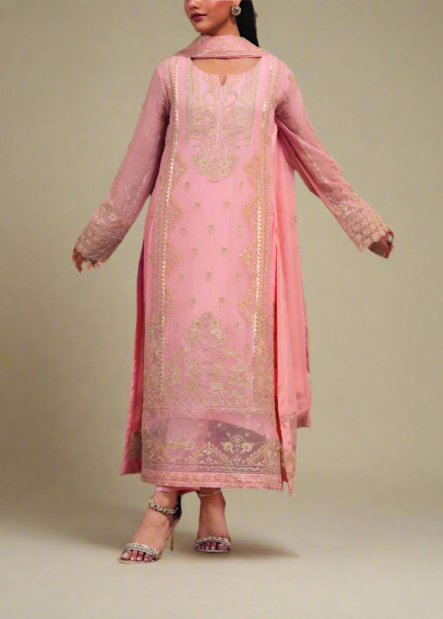 Grace Z-(SILKEN BEIGE) -Stitched Embroidered chiffon 3Pc Suit