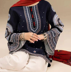 Grace Z-(W694) - Stitched Embroidered 3pc Linen Dress With Printed Shawl.