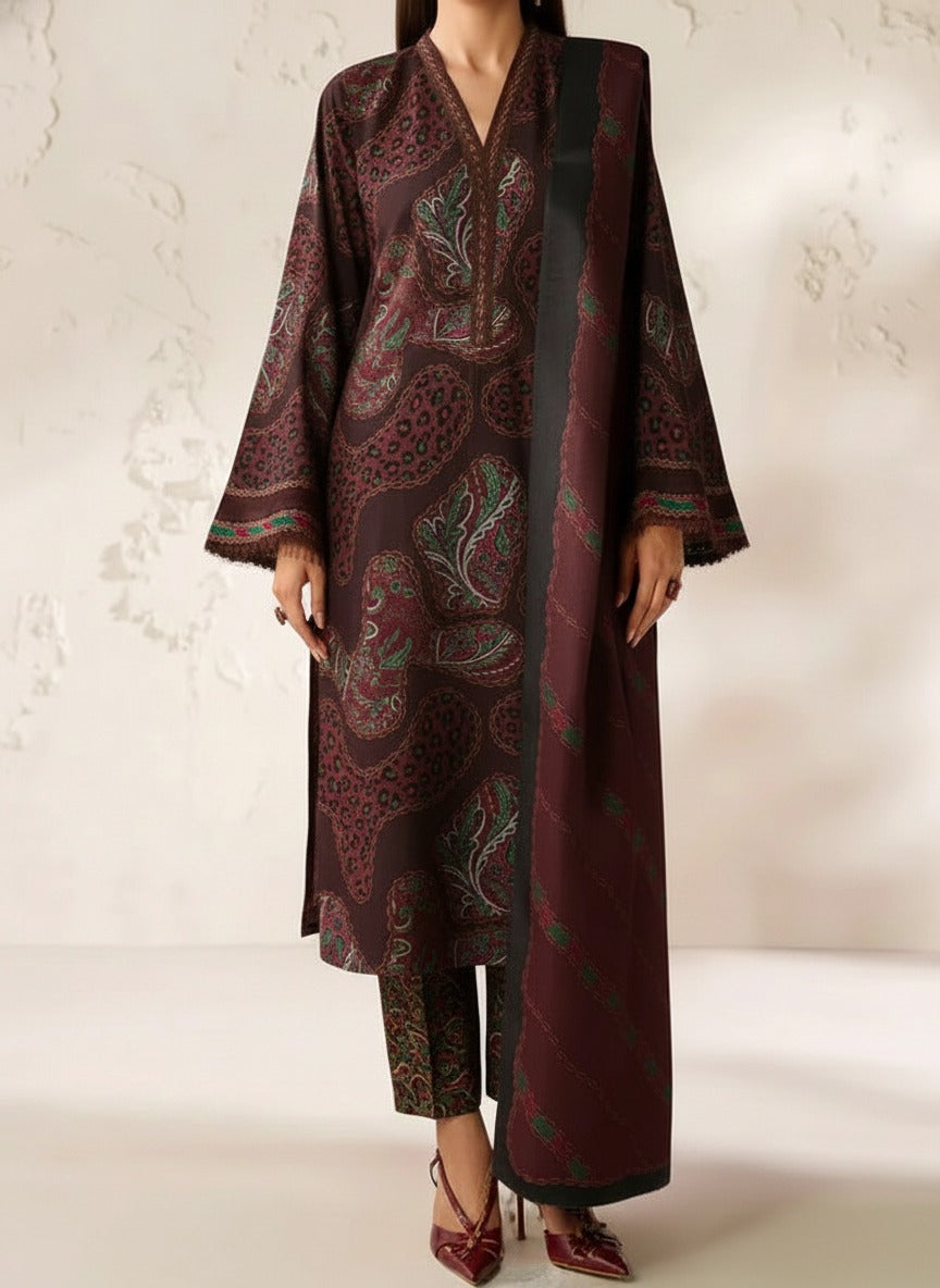 Grace W784 - Digital Printed 3pc Karandi Dress With Digital Printed Karandi Shawl.
