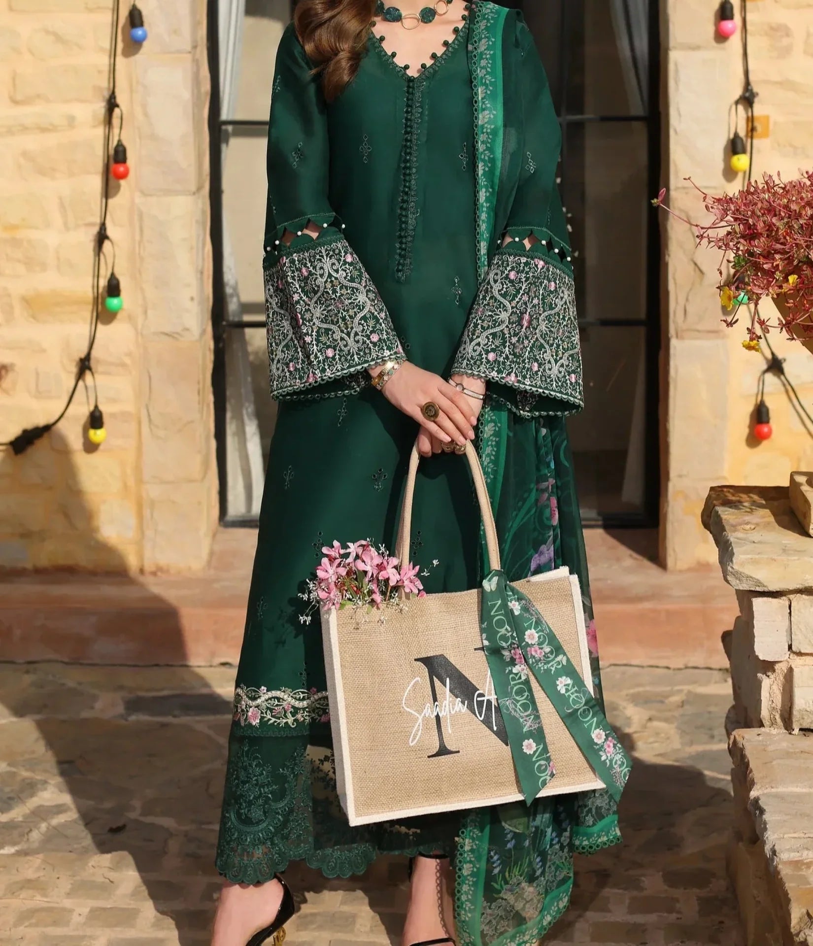 Grace Z-(S1230) - Stitched Embroidered 3pc CHIKANKARI Lawn Dress With Printed Munar Dupatta.