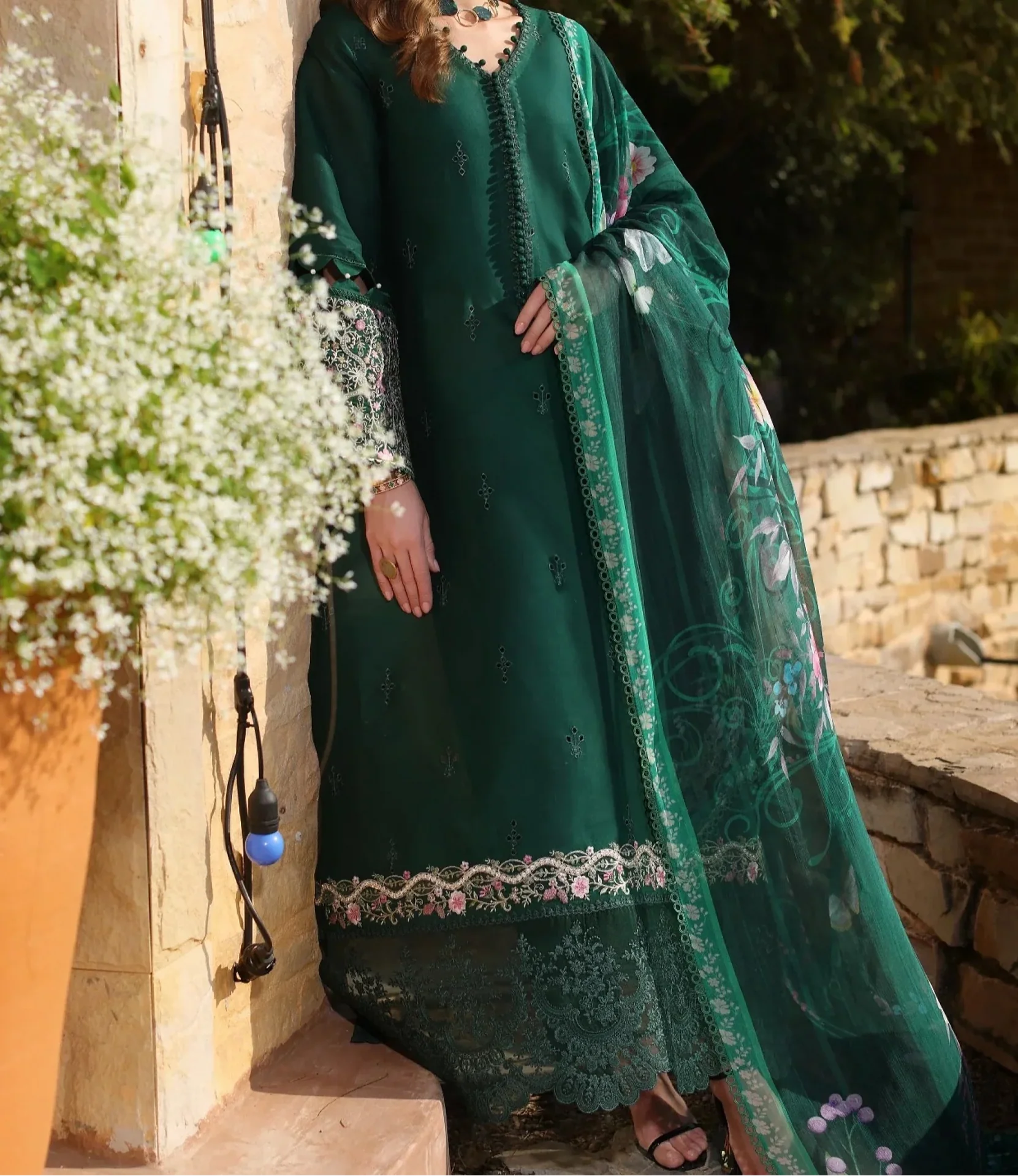 Grace Z-(S1230) - Stitched Embroidered 3pc CHIKANKARI Lawn Dress With Printed Munar Dupatta.