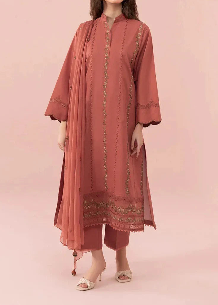 Grace Z-(S587) - Stitched Embroidered 3pc Lawn dress with Embroidered chiffon dupatta.