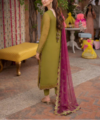Grace Z-(W630)- Stitched Embroidered 3pc Linen Dress with Embroidered Chiffon Dupatta.