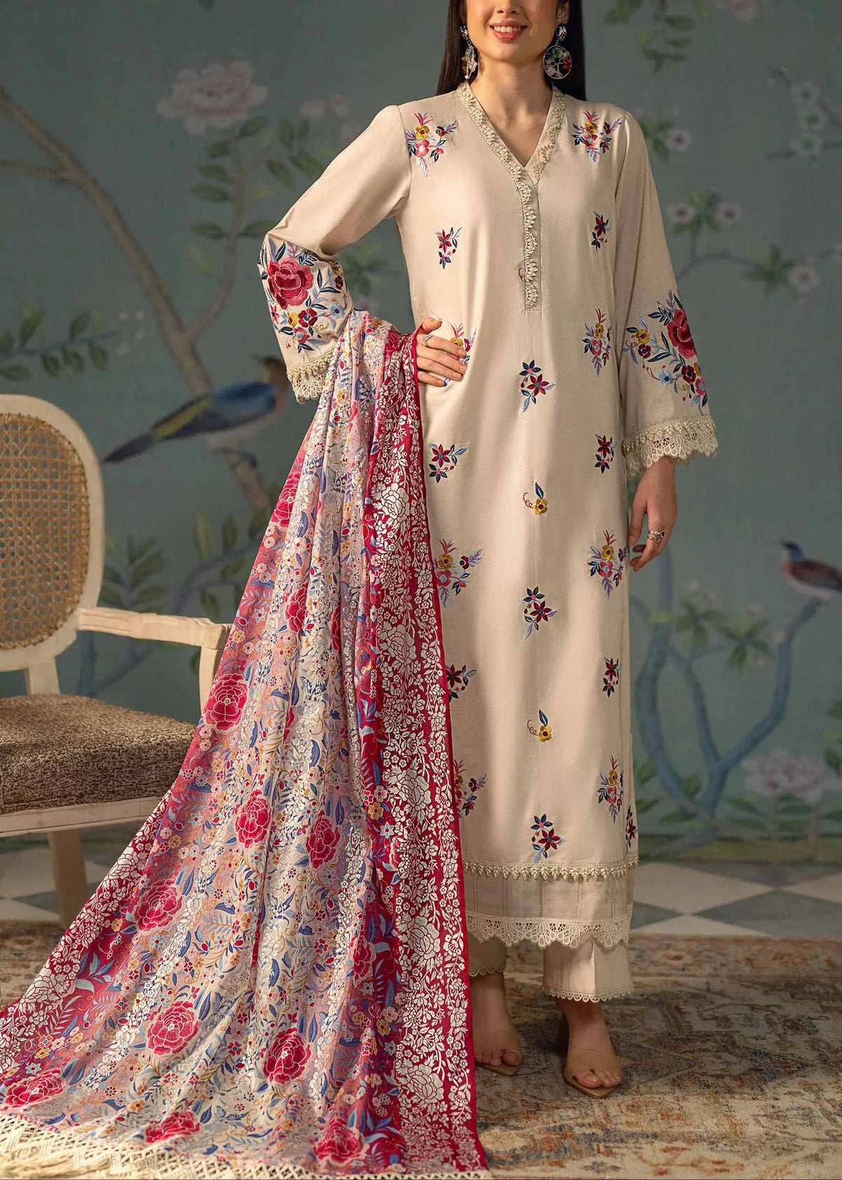 Grace Z98- Stitched Embroidered 3pc Lawn dress with Printed Munar Dupatta.