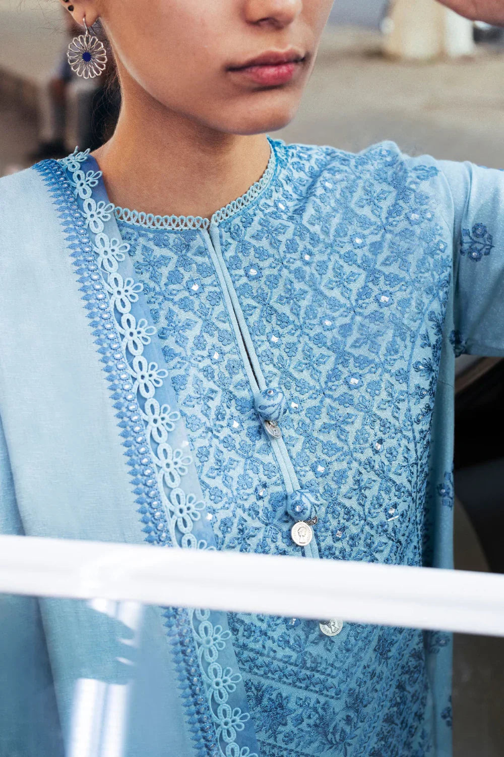 Grace Z-(S766) - Stitched Embroidered 3pc lawn dress with Embroidered Chiffon dupatta.