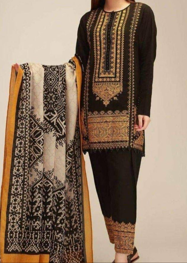 Grace Z-(W102 ) - Stitched Embroidered 3pc khaddar dress with printed shawl.