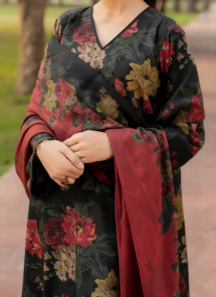 Grace W802 - Digital Printed 3pc Karandi Dress With Digital Printed Karandi Shawl.