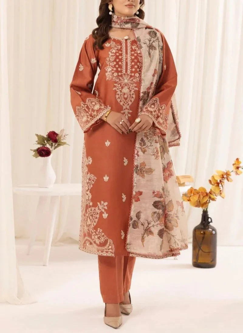 Grace Z-(S842)- Stitched Embroidered 3PC Lawn Dress with Printed Munar Dupatta.