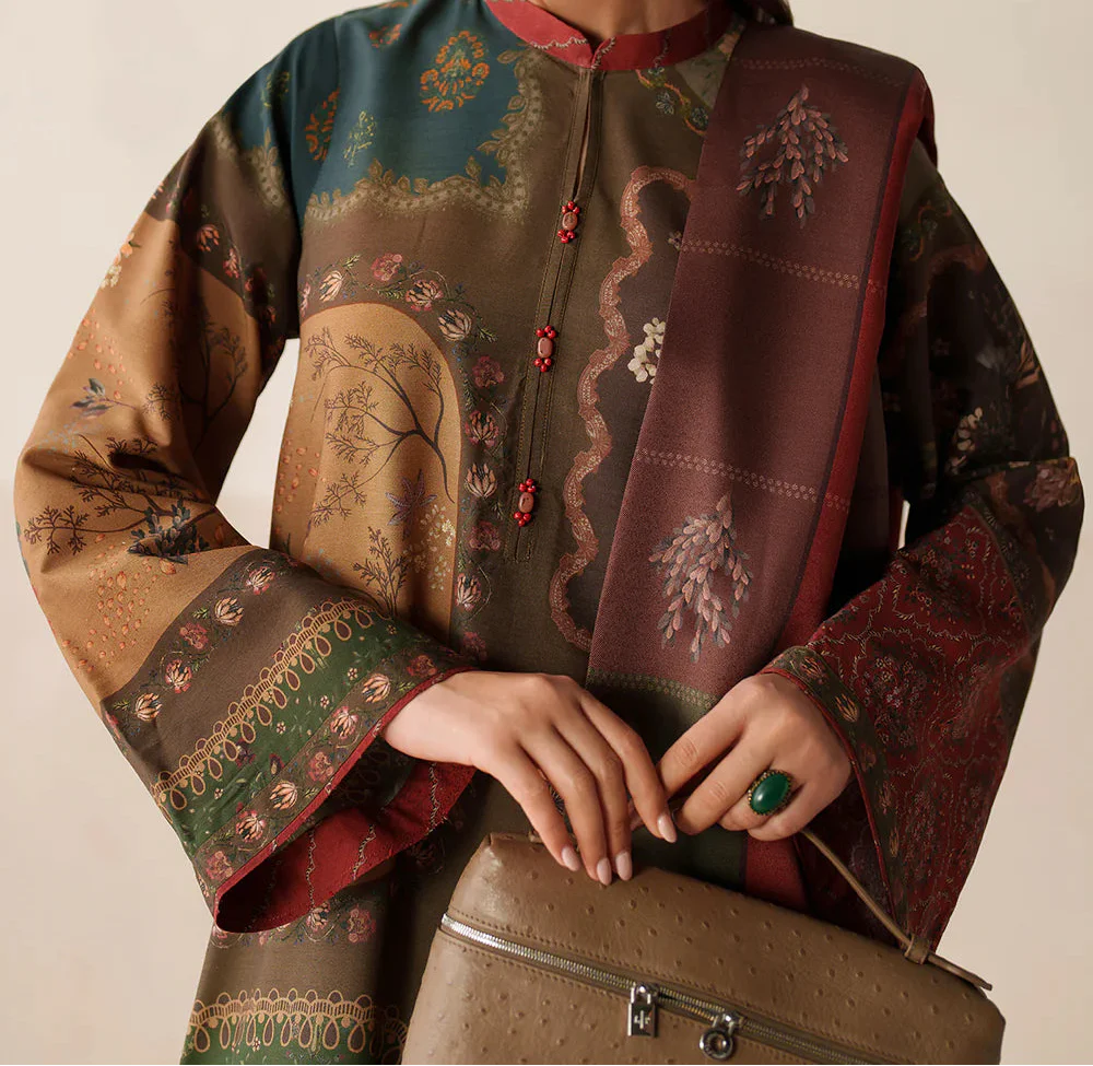 Grace W849 - Digital Printed 3pc Karandi Dress With Digital Printed Karandi Shawl.