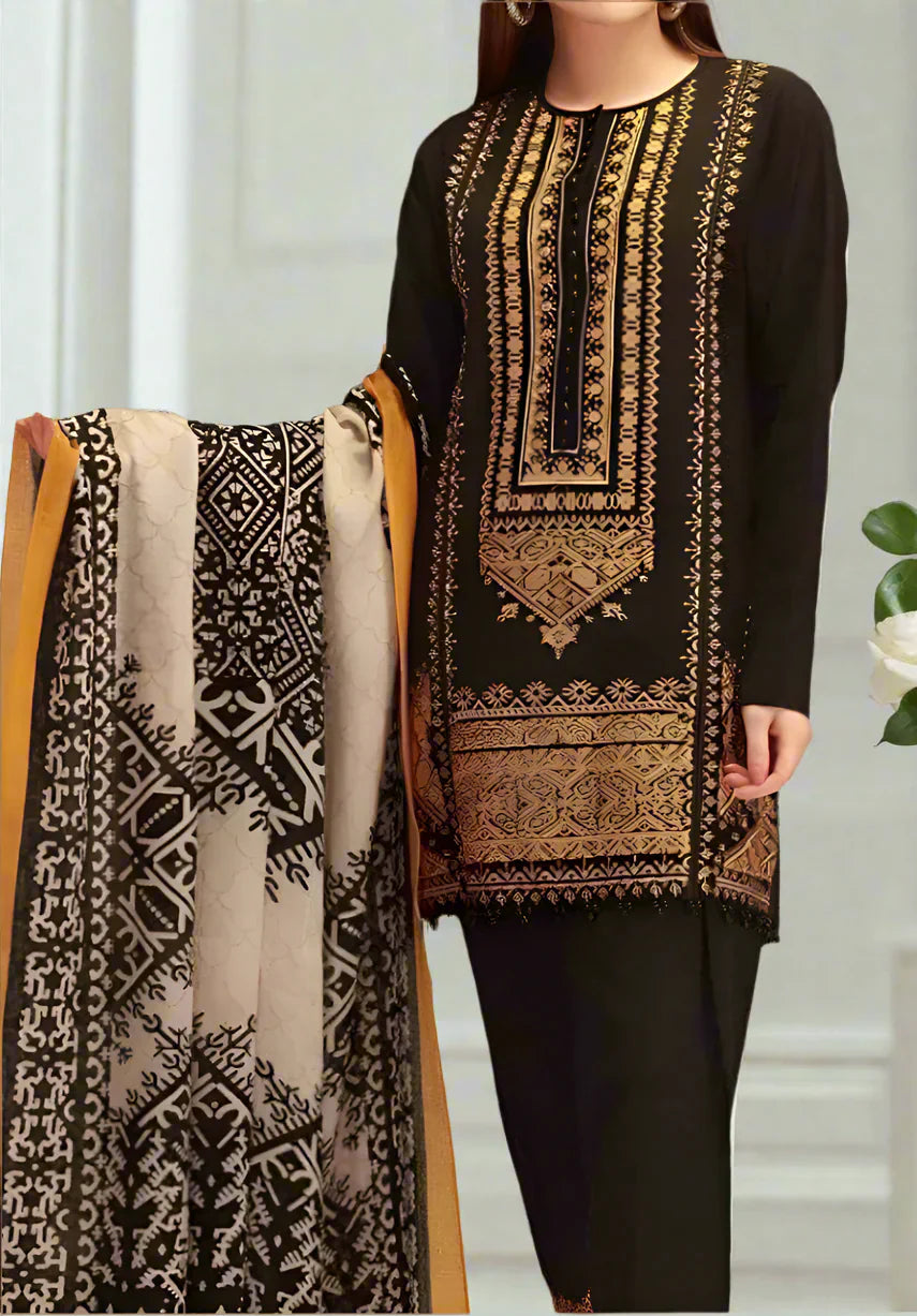 Grace Z-(W102 ) - Stitched Embroidered 3pc khaddar dress with printed shawl.