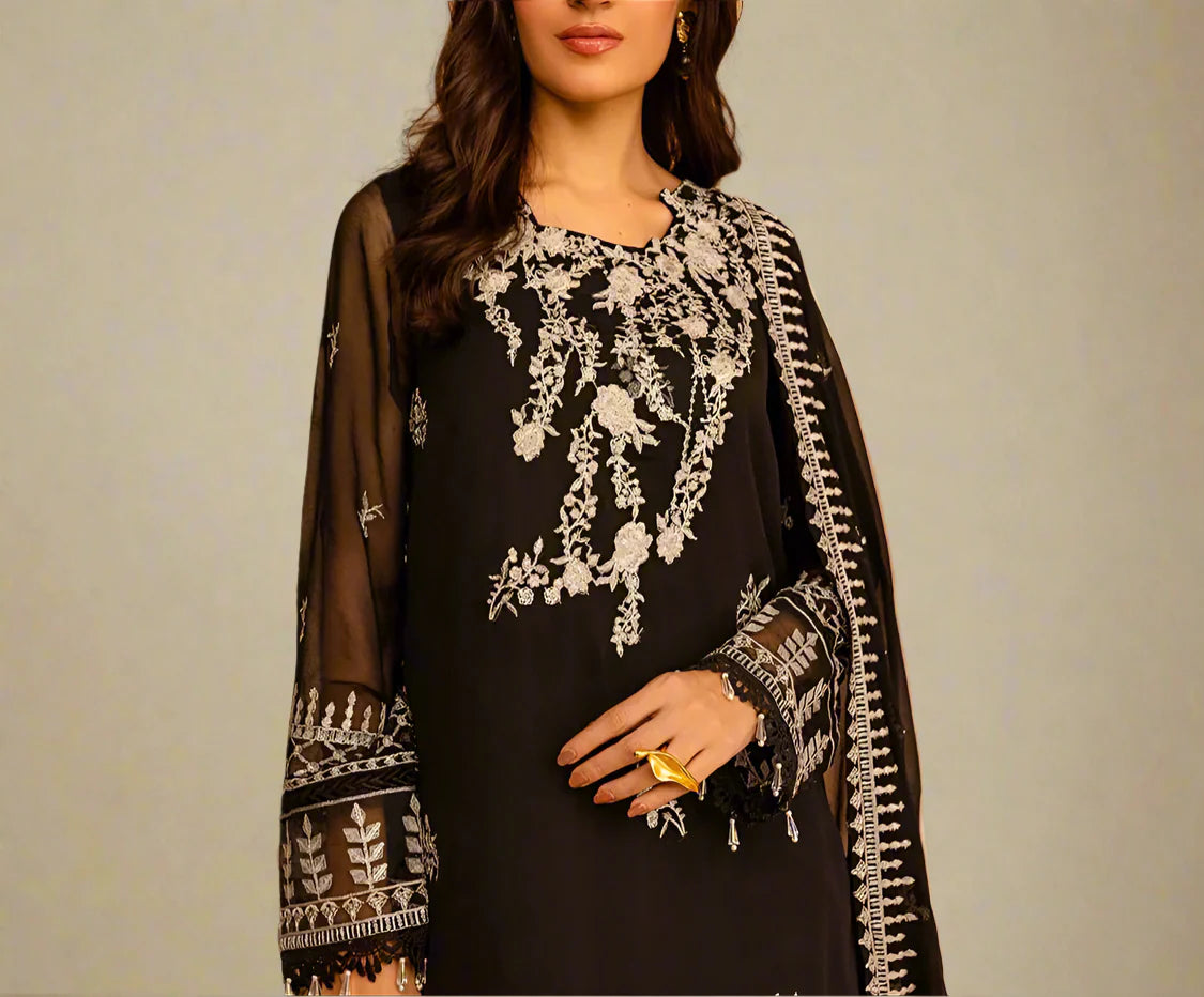 PITCH BLACK– Embroidered Chiffon Unstitched 3Pc Suit.
