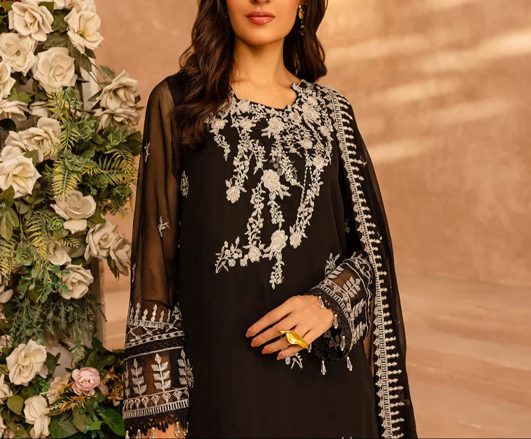 Grace Z-(PITCH BLACK) -Stitched Embroidered chiffon 3Pc Suit