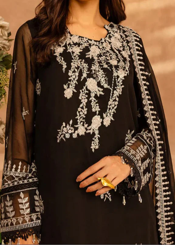PITCH BLACK– Embroidered Chiffon Unstitched 3Pc Suit.
