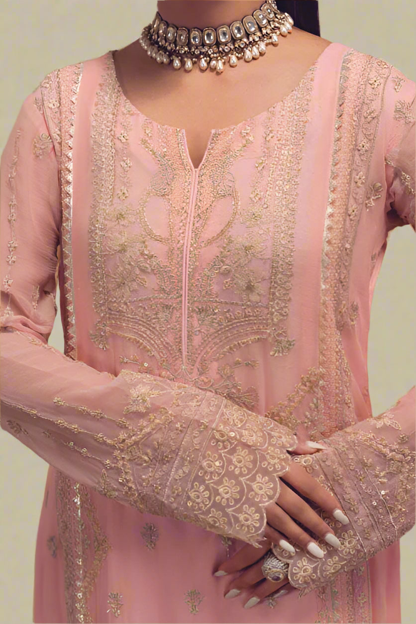 Grace Z-(SILKEN BEIGE) -Stitched Embroidered chiffon 3Pc Suit