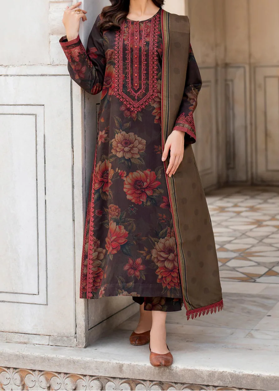 Grace W763 - Printed & Embroidered 3pc Karandi Dress With Printed Karandi Shawl.