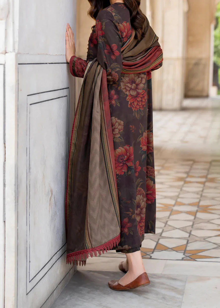 Grace W763 - Printed & Embroidered 3pc Karandi Dress With Printed Karandi Shawl.