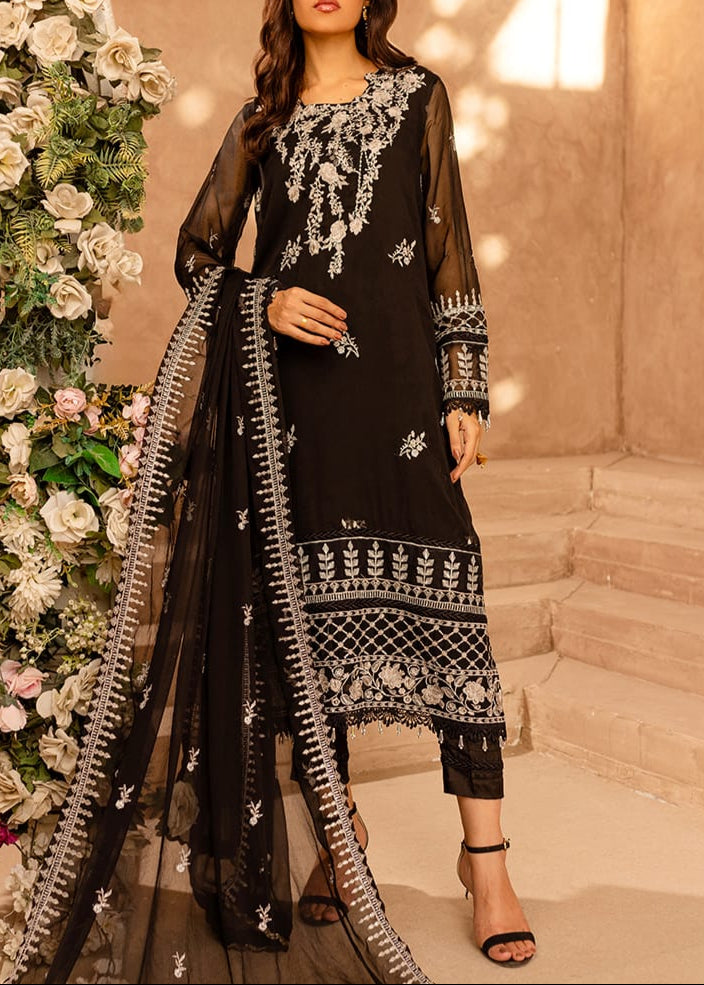 PITCH BLACK– Embroidered Chiffon Unstitched 3Pc Suit.