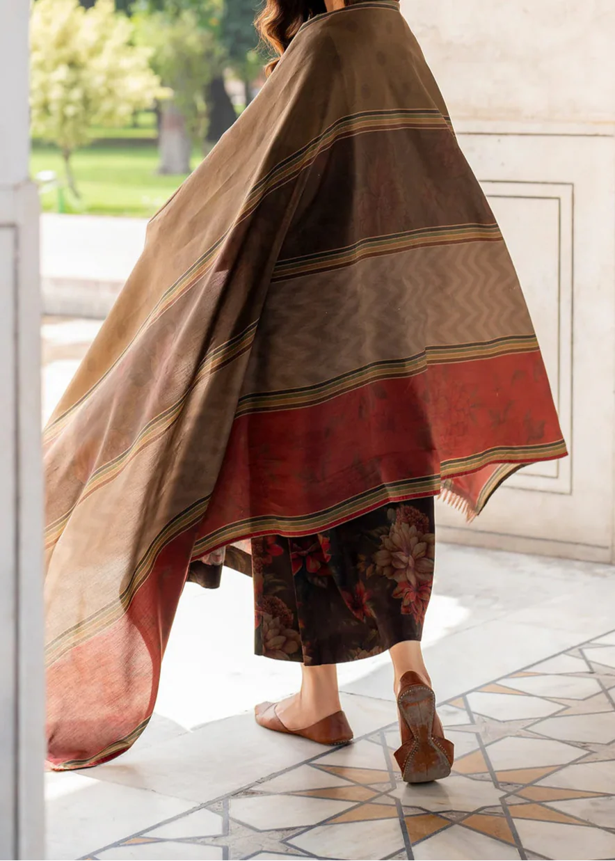 Grace W763 - Printed & Embroidered 3pc Karandi Dress With Printed Karandi Shawl.