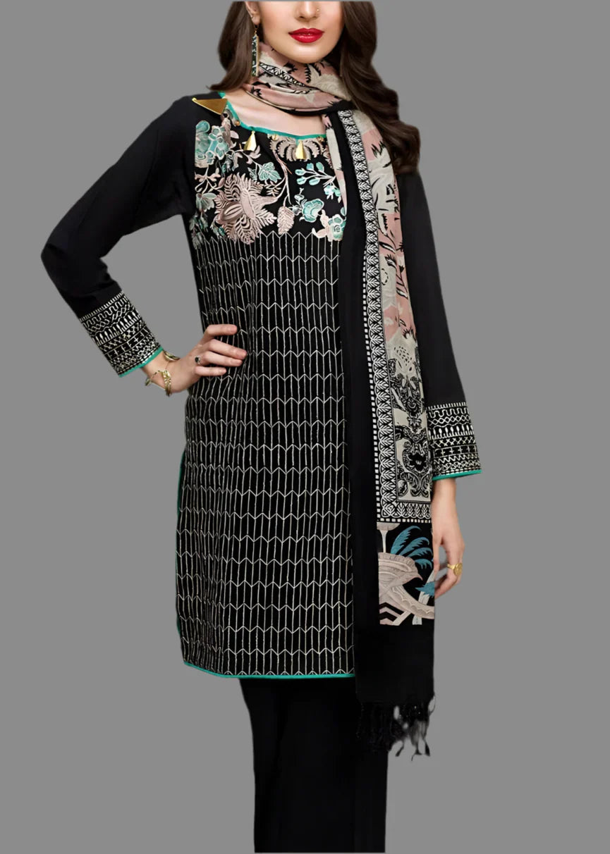 Grace Z-(W537)- Stitched Embroidered 3pc khaddar dress With Printed shawl.