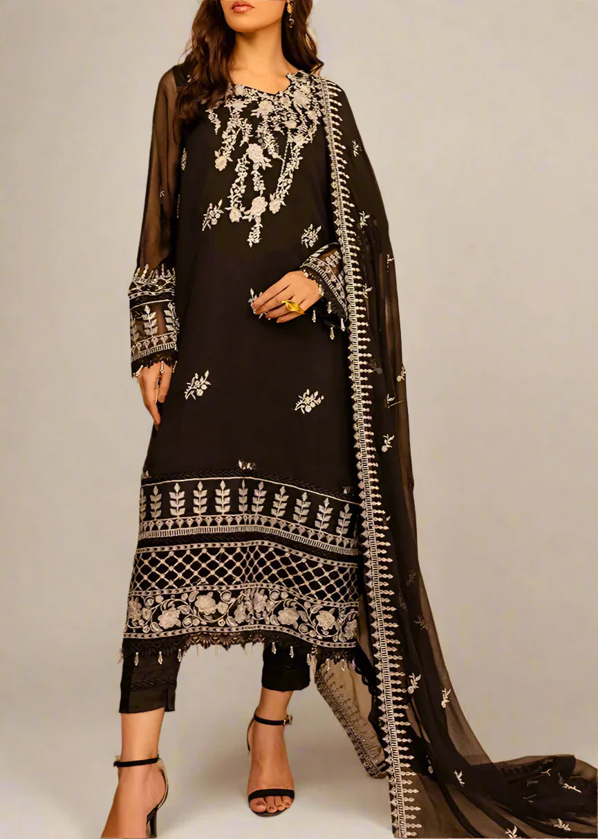 PITCH BLACK– Embroidered Chiffon Unstitched 3Pc Suit.