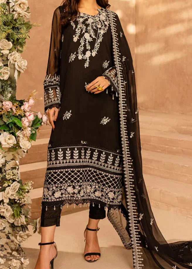 PITCH BLACK– Embroidered Chiffon Unstitched 3Pc Suit.