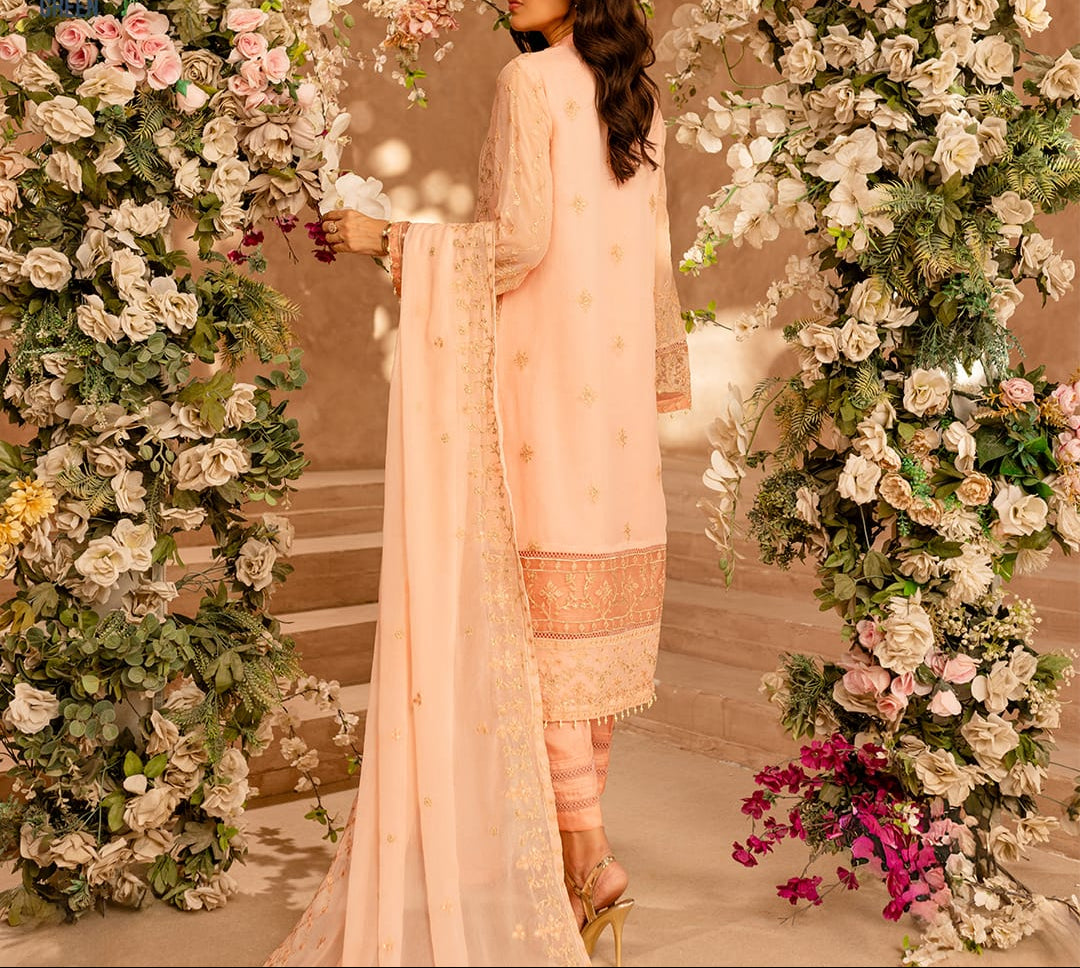 PEACH DELIGHT– Embroidered Chiffon Unstitched 3Pc Suit.