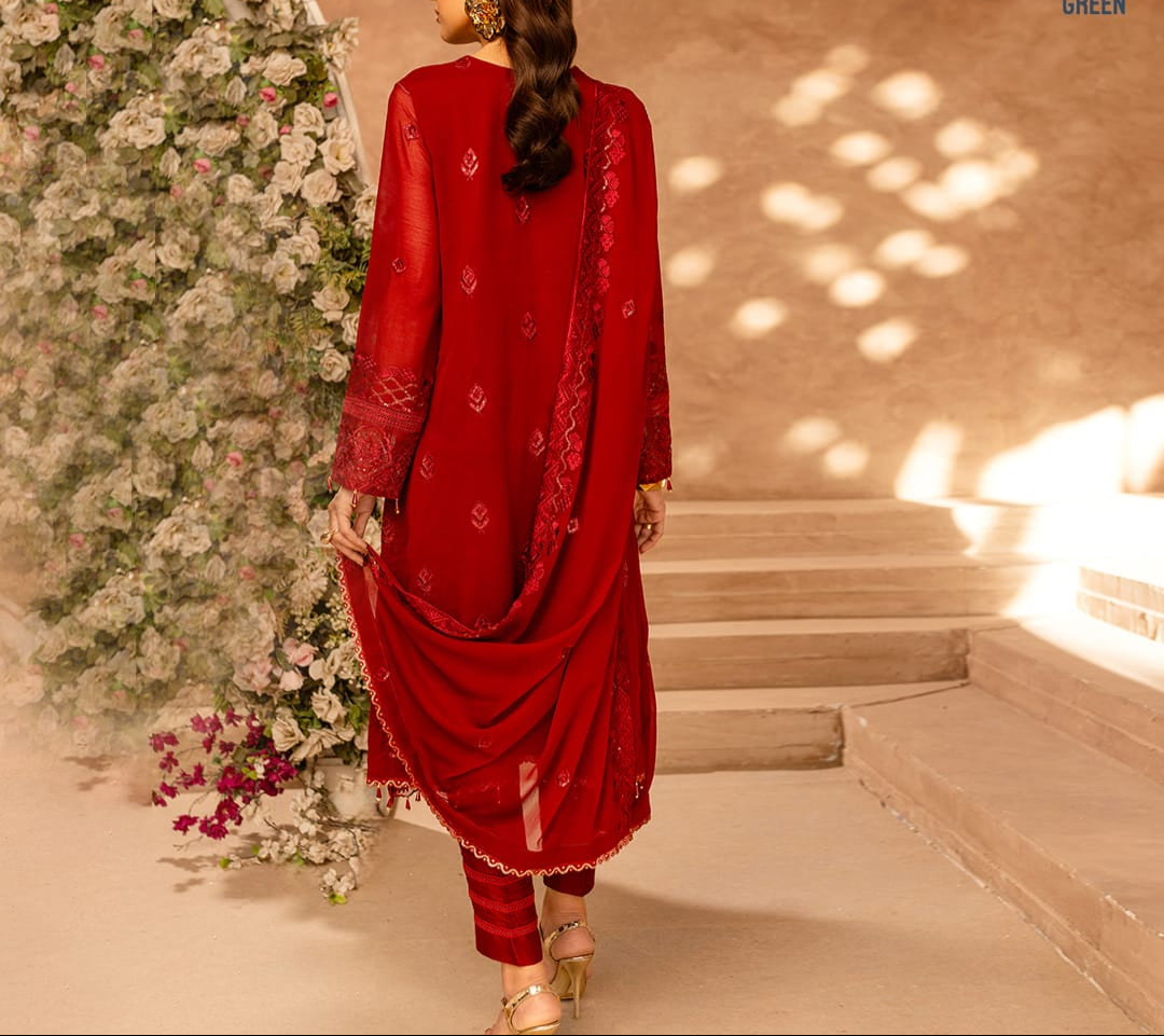 WINE SCARLET– Embroidered Chiffon Unstitched 3Pc Suit.